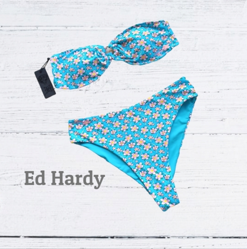 🌞NWT ED Hardy Blue Hawaiian Flower Bikini Set Sz XL